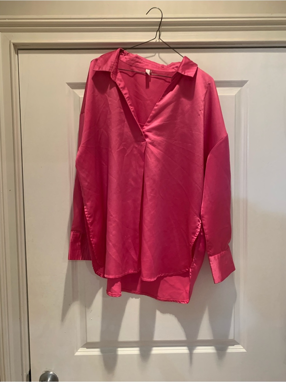 Glam Women's Relaxed V-Neck Satin Blouse - Hot Pink